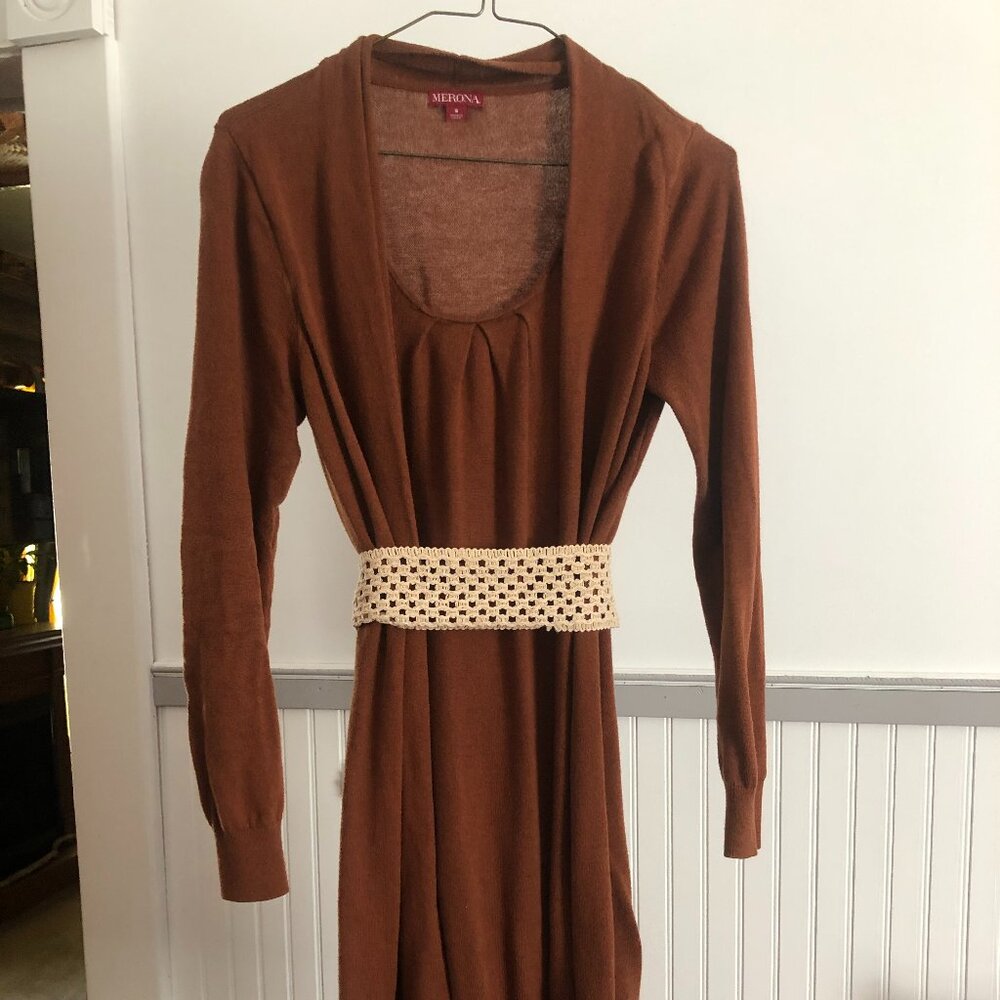 EUC Merona brown sweater dress with attached sweater look. sz small